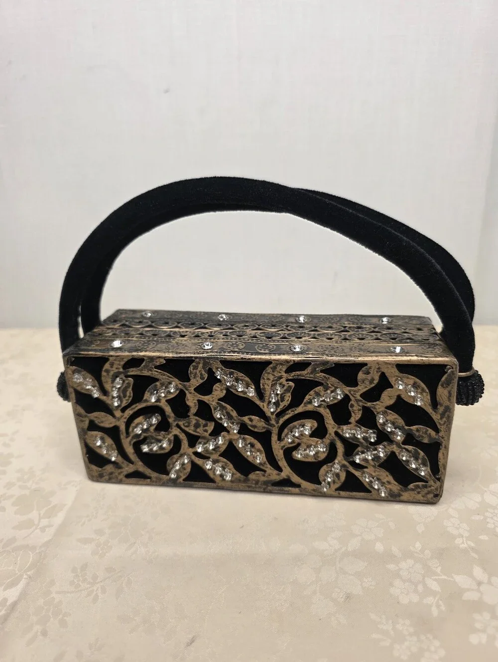 Vintage Style Rhinestone Velvet Filigree Evening Box Clutch Bag Black Bronze